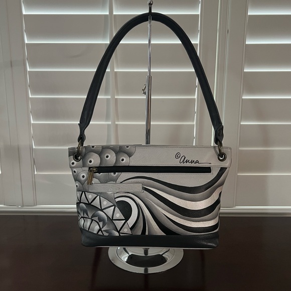 Anuschka Hand-Painted Leather Shoulder Bag in Patchwork Pewter.  NWOT - Picture 4 of 14